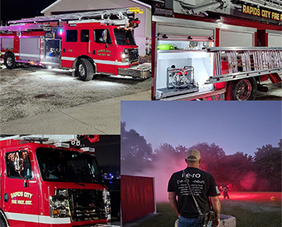 collage of photos of firetrucks and a firefighter